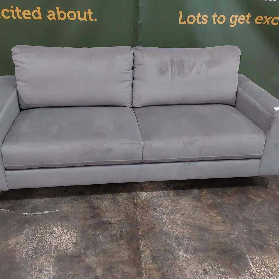 DESIGNER THREE SEATER SOFA GREY PLUSH FABRIC 