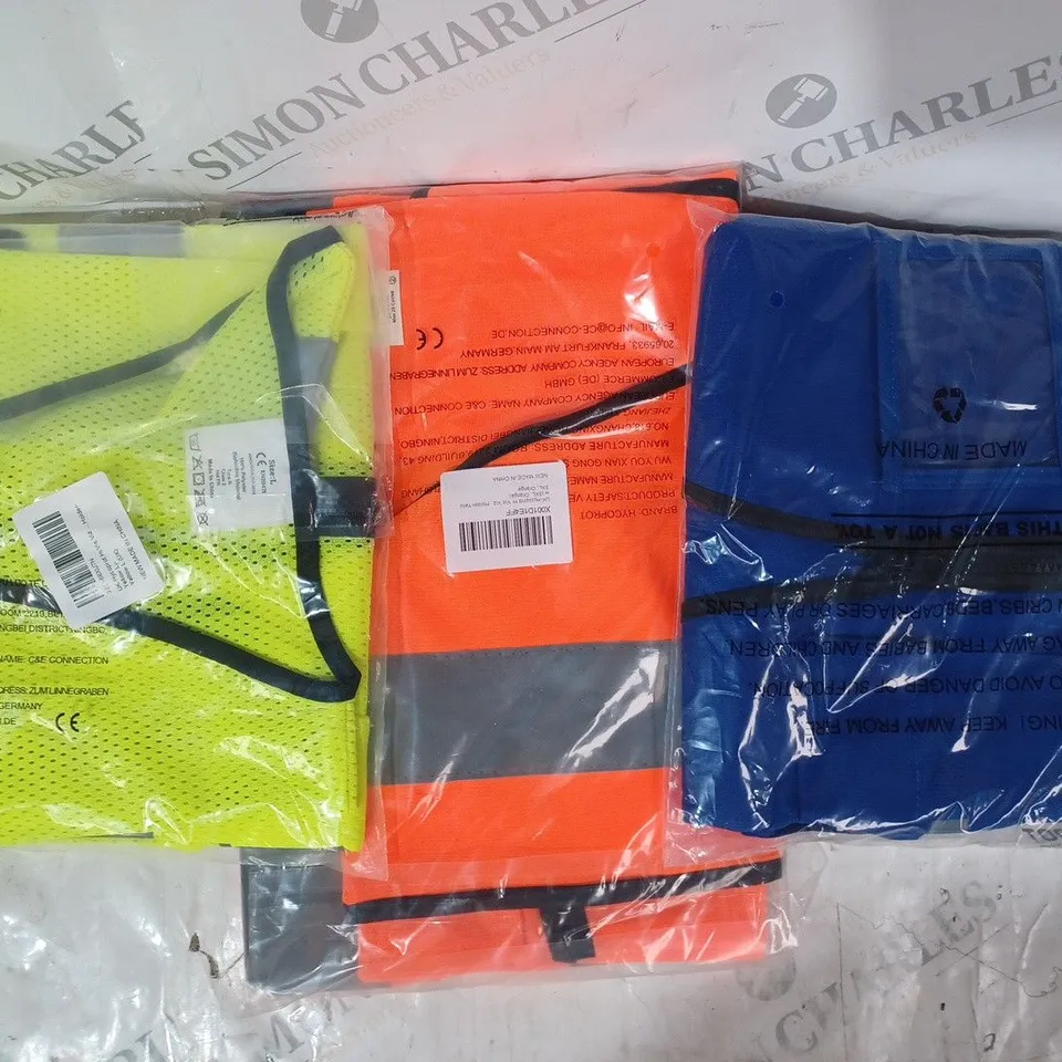 APPROXIMATELY 5 ASSORTED HI-VIS SAFETY VESTS IN VARIOUS COLOURS AND SIZES