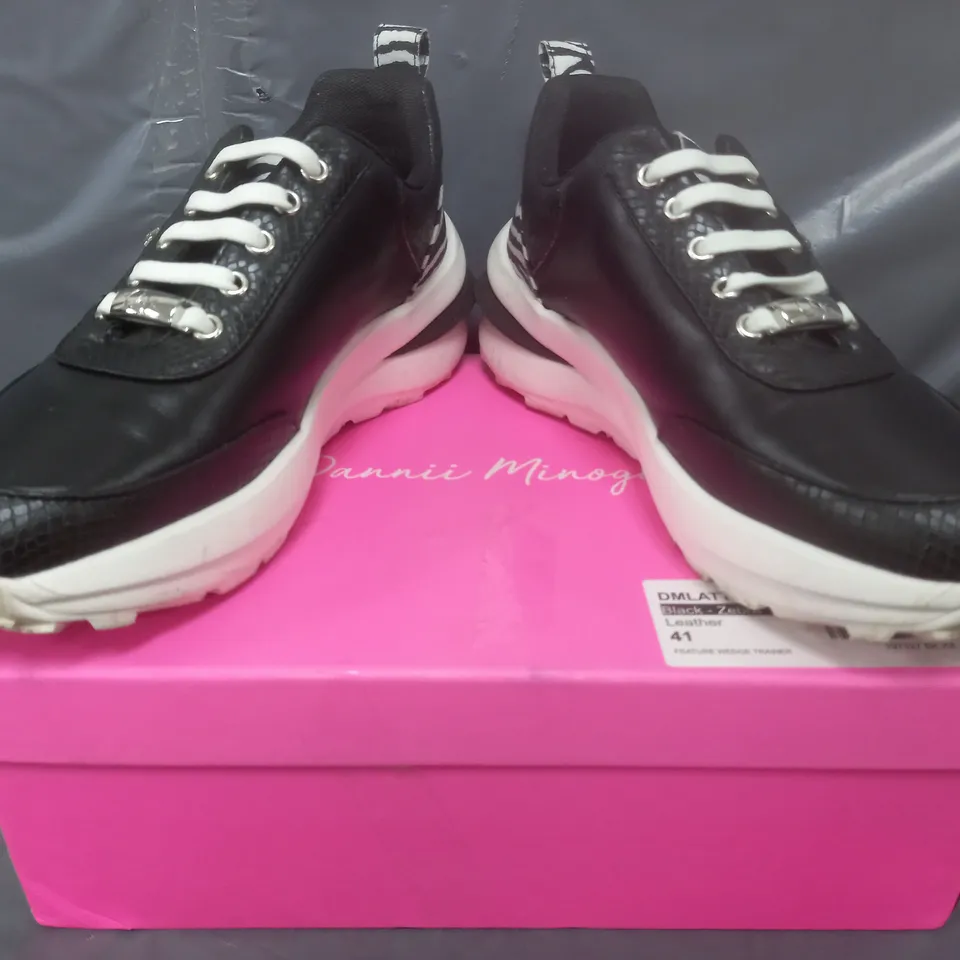 BOXED PAIR OF DANNII MINOGUE FEATURE WEDGE TRAINERS IN BLACK SIZE 8