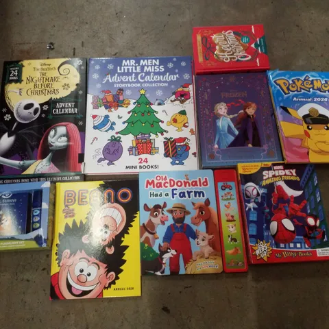 PALLET CONTAINING ASSORTED CHILDRENS ACTIVITY BOOKS/SETS INCLUDING POKEMON ANNUAL 2026, OLD MACDONALD HAD A FARM, SPIDEY AMAZING FRIENDS BUSY BOOK, MR. MEN LITTLE MISS ADVENT CALENDAR & BLUEY BOOK AND