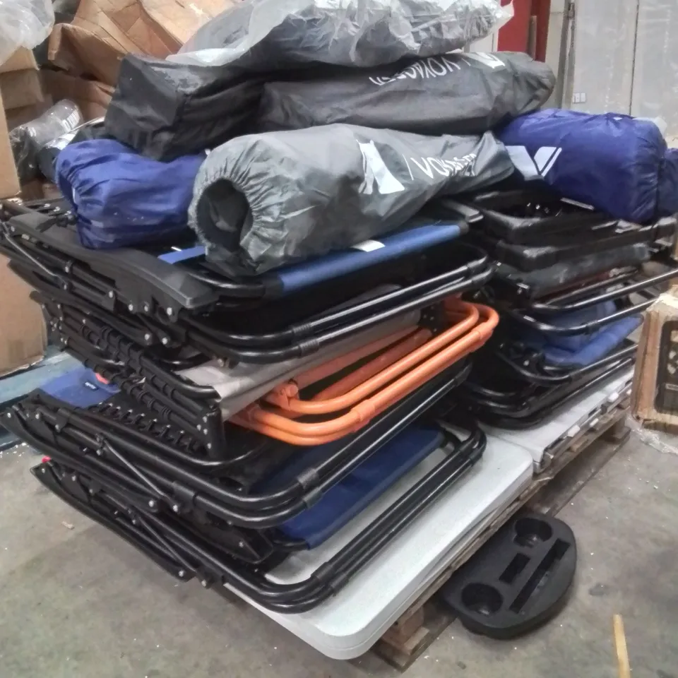PALLET OF CAMPING PRODUCTS TO INCLUDE;FOLDING TABLES,CAMPING CHAIRS,SUN LOUNGERS