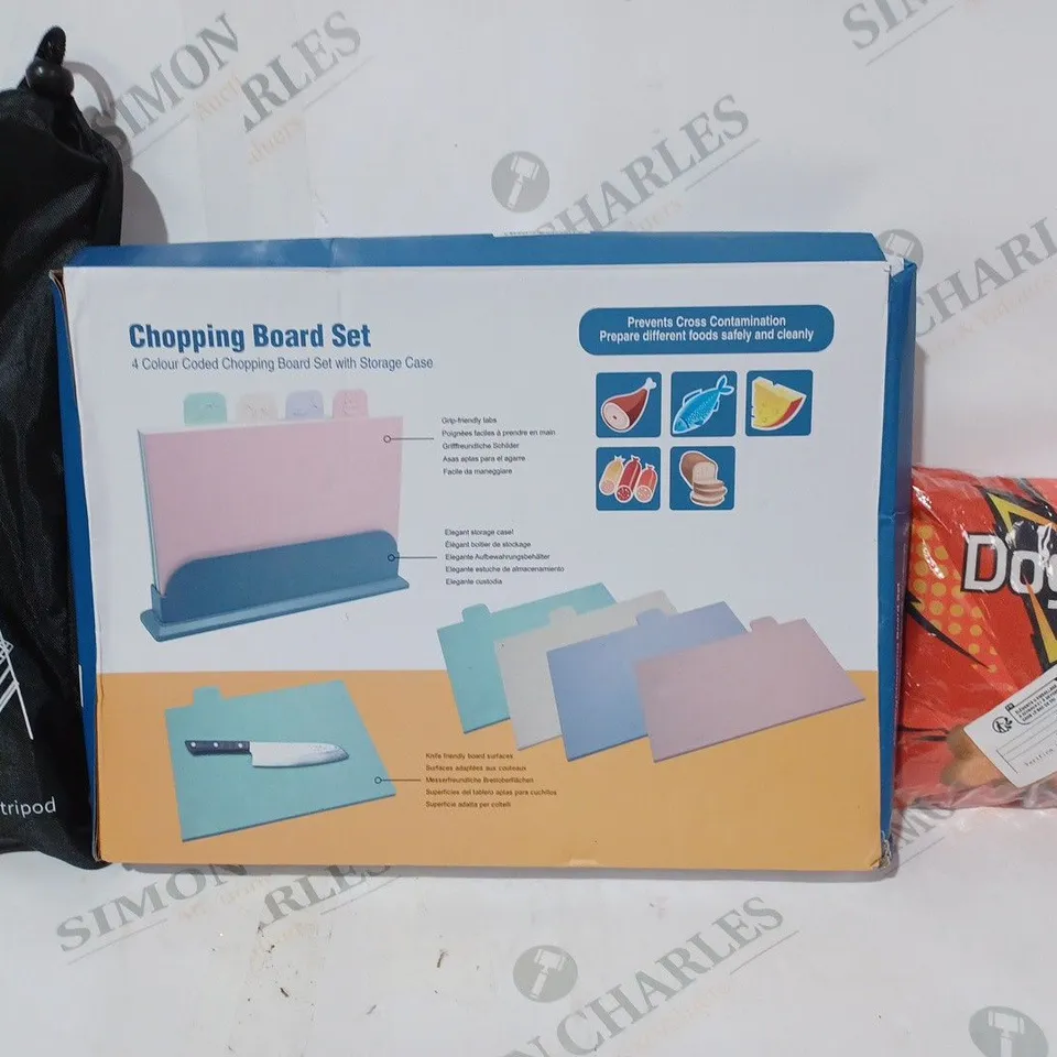 BOX OF APPROXIMATELY 10 ASSORTED HOUSEHOLD ITEMS TO INCLUDE CHOPPING BOARD SET, MINI CAMPING TRIPOD, ETC