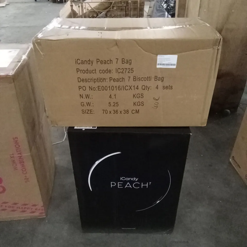 BOXED ICANDY PEACH 7 BISCOTTI ON BLONDE CARRYCOT, STROLLER AND ACCESSORIES (2 BOXES)