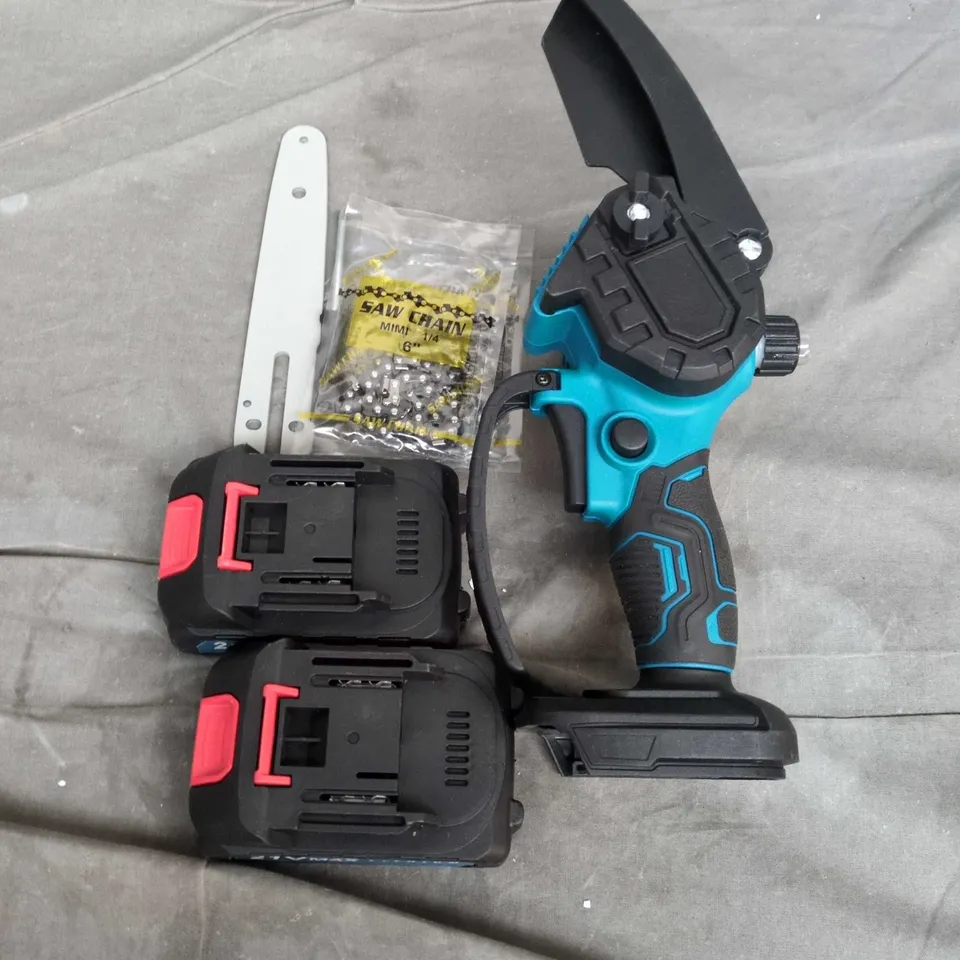 LITHIUM ELECTRIC CHAIN SAW – CORDLESS, BLUE/BLACK, WITH TWO BATTERIES & CHARGER