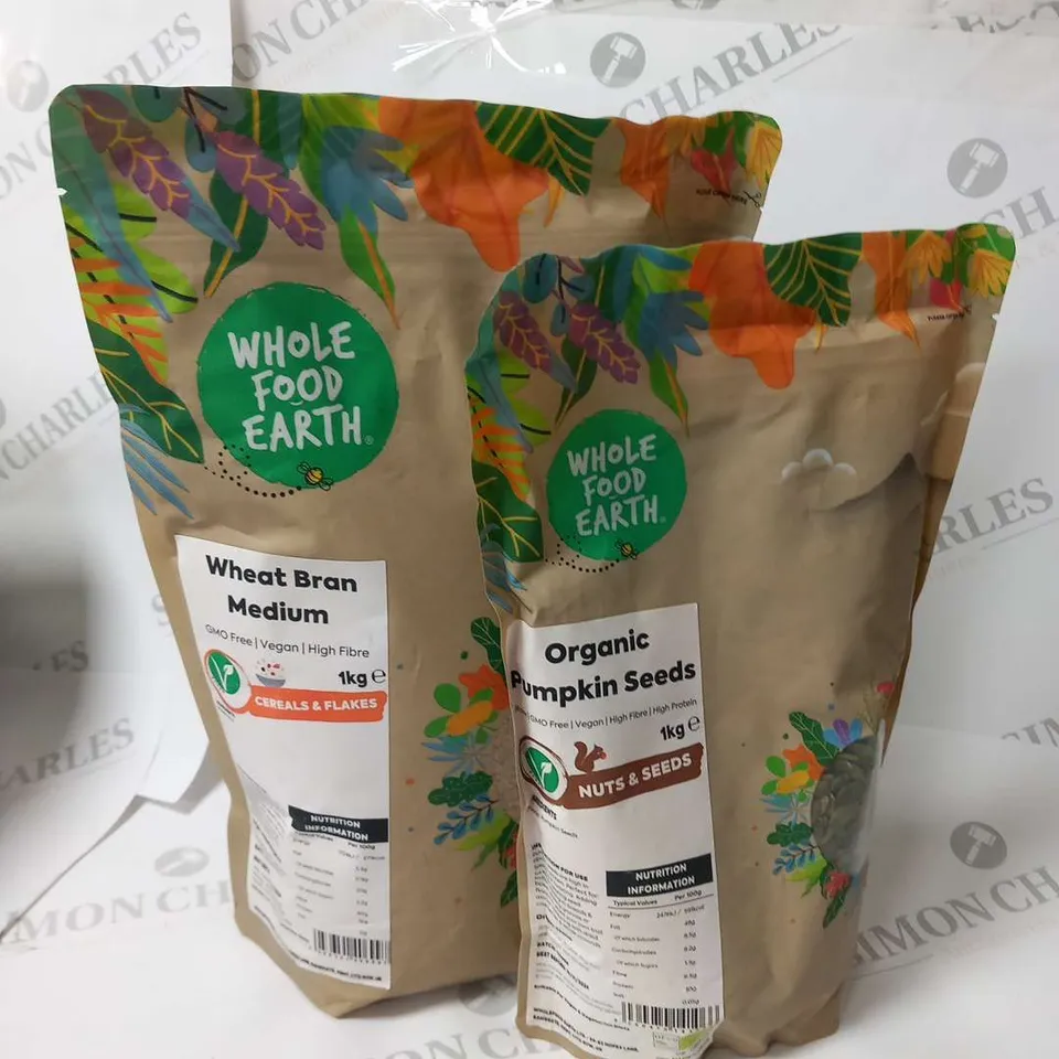 TWO WHOLE FOOD EARTH BAGS TO INCLUDE; ORGANIC PUMPKIN SEEDS 1KG AND WHEAT BRAN MEDIUM 1KG