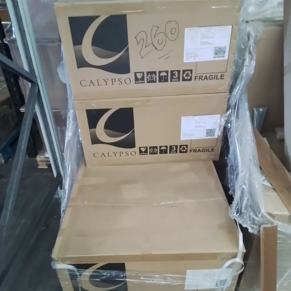 PALLET CONTAINING 4 BOXED BRAND NEW CALYPSO ONETA 710MM SINGLE DRAWER WH VANITY UNIT IN APPLE WOOD