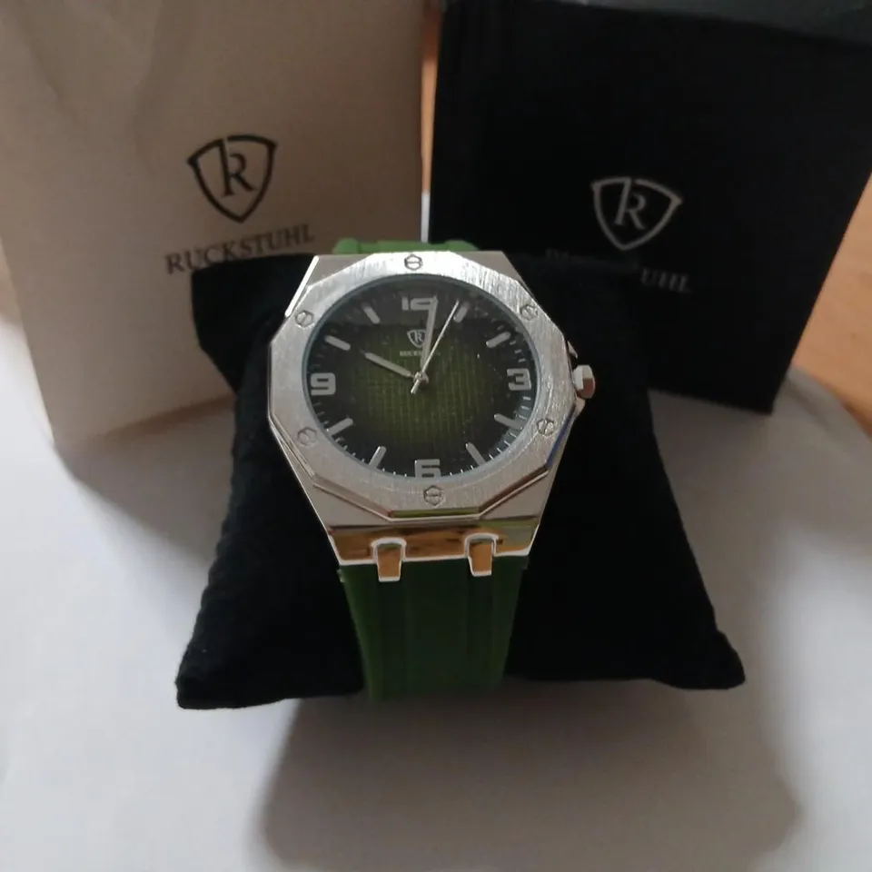RUCKSTUHL STAINLESS STEEL WATCH WITH OCTAGONAL BEZEL, GREEN DIAL AND GREEN RUBBER STRAP 