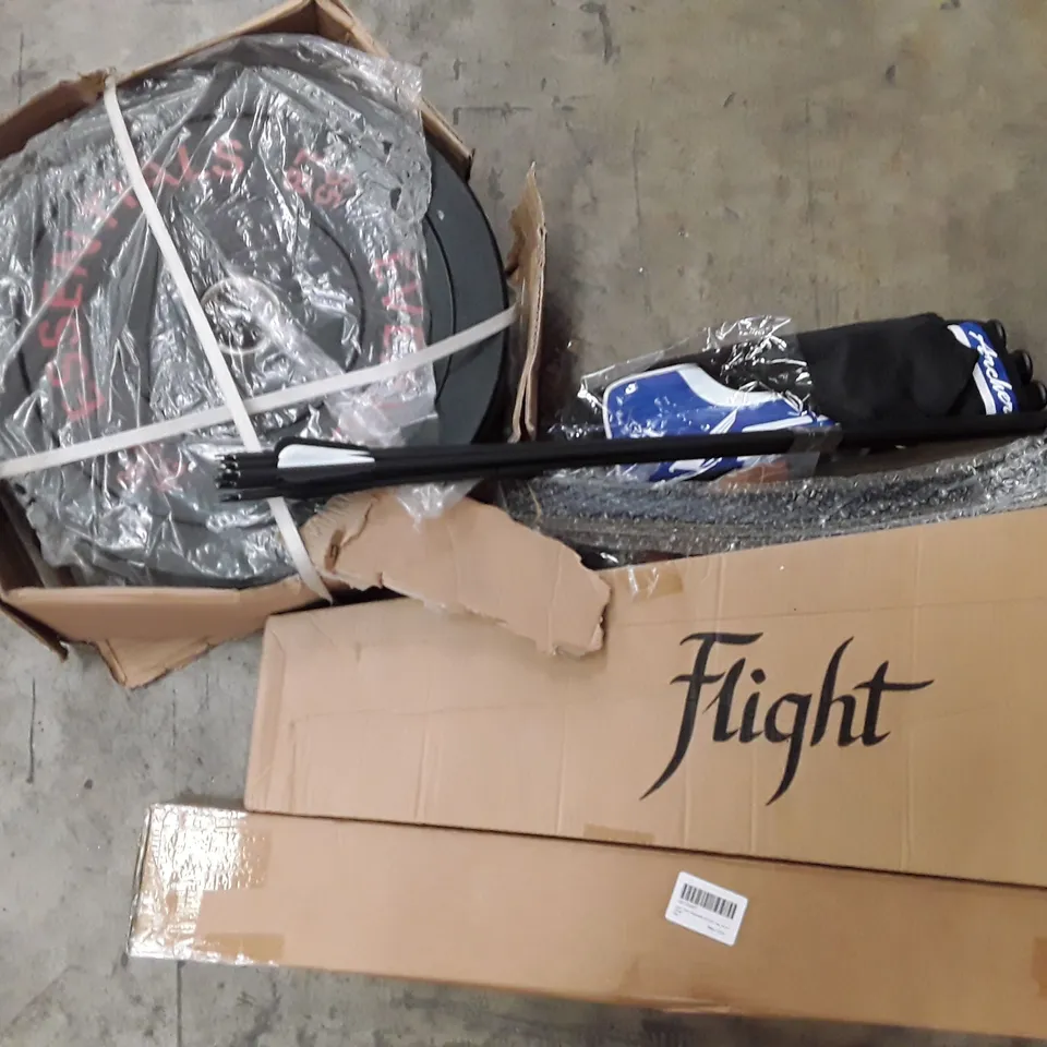 PALLET TO CONTAIN AN ASSORTMENT OF HOUSEHOLD ITEMS TO INCLUDE WEIGHT PLATES, ELECTRONIC UKULELE, ARCHER SET AND ADJUSTABLE FURNITURE LEGS ECT