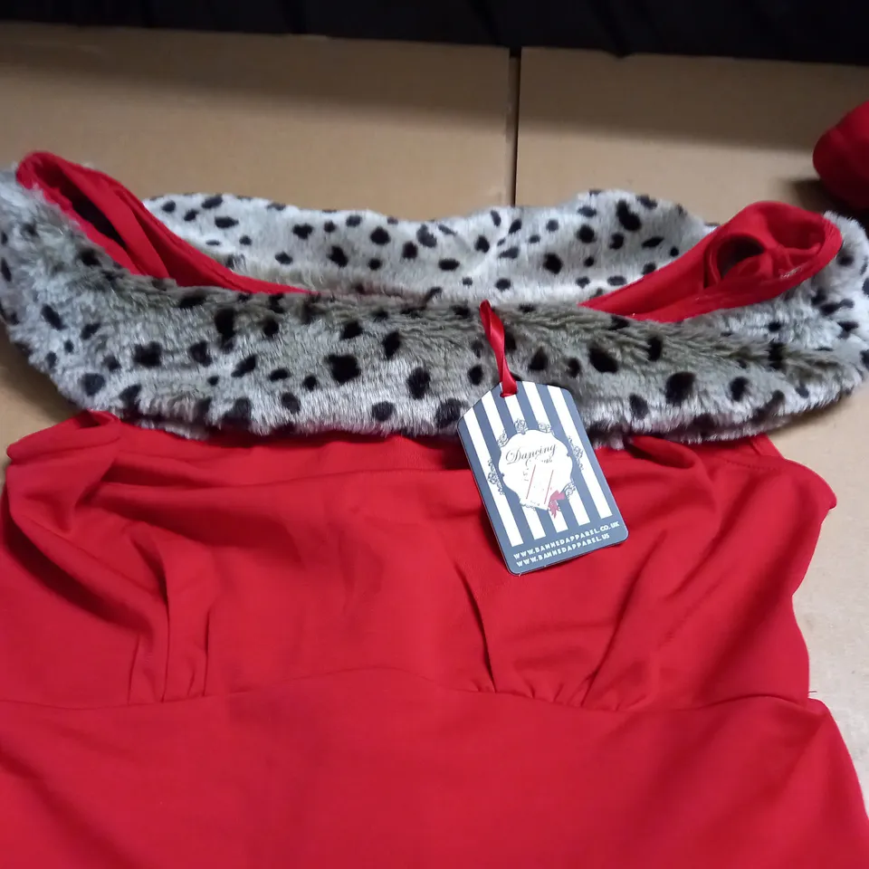 LOT OF 3 RED SLEEVELESS DRESSES WITH ANIMAL PRINT FAUX FUR TRIM - VARIOUS SIZES