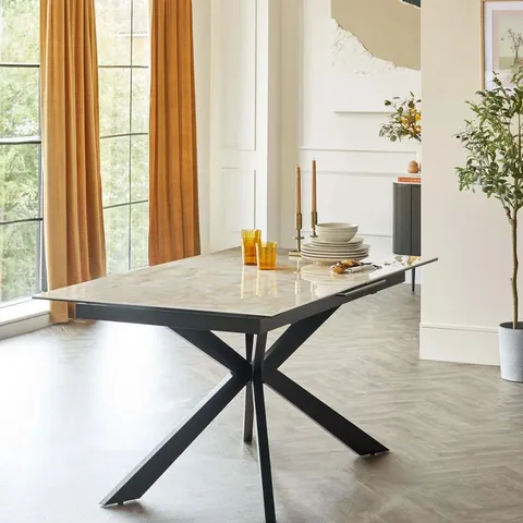 BOXED DANETTI HAYDEN 6-8SEATER EXTENDING DINING TABLE WHITE CERAMIC WITH BLACK METAL  