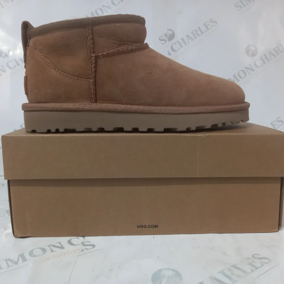 BOXED PAIR OF UGG CLASSIC ULTRA MINI SHOES IN CHESTNUT UK SIZE 4