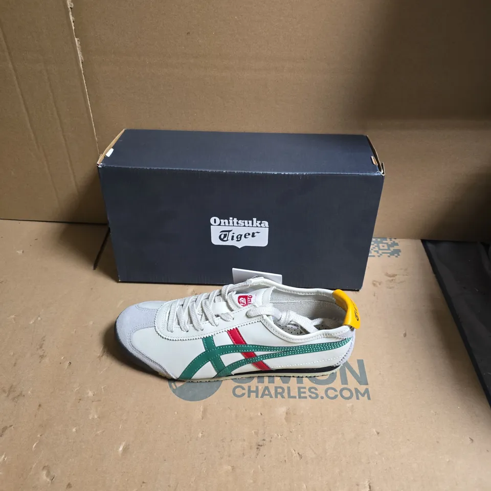 ONITSUKA TIGER SNEAKERS – WHITE/GREY WITH GREEN STRIPES, YELLOW HEEL TAB, BOXED - UK SIZE 5.5 