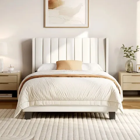 BOXED YAHEETECH UPHOLSTERED BED FRAME WITH CHANNEL TUFTED HEADBOARD - BEIGE (1 BOX)