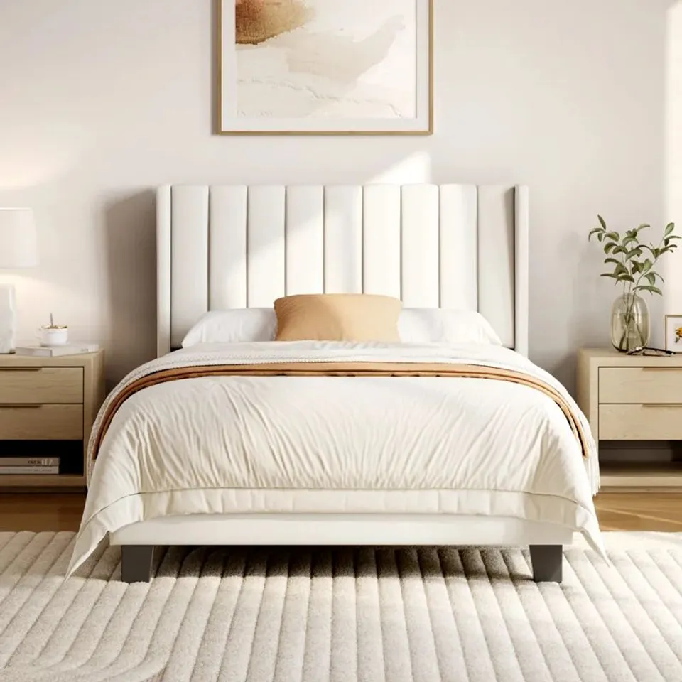 BOXED YAHEETECH UPHOLSTERED BED FRAME WITH CHANNEL TUFTED HEADBOARD - BEIGE (1 BOX)