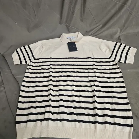 PAUL JAMES KNIT SHORT SLEEVE TOP IN BEIGE/BLACK STRIPE SIZE L
