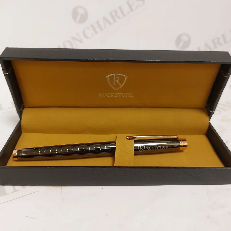 RUCKSTUHL STAINLESS STEEL LUXURY PEN IN GIFT BOX – BLACK & ROSE GOLD COLOUR CASE - HAND ASSEMBLED 