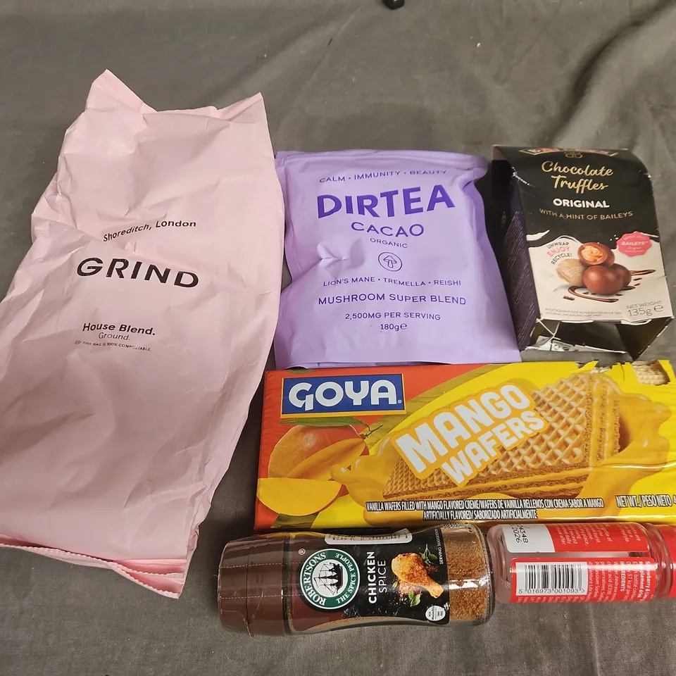 TOTE OF APPROXIMATELY 11 ASSORTED FOOD AND DRINK ITEMS TO INCLUDE GRIND COFFEE , MANGO WAFERS , CHICKEN SPICE , ETC