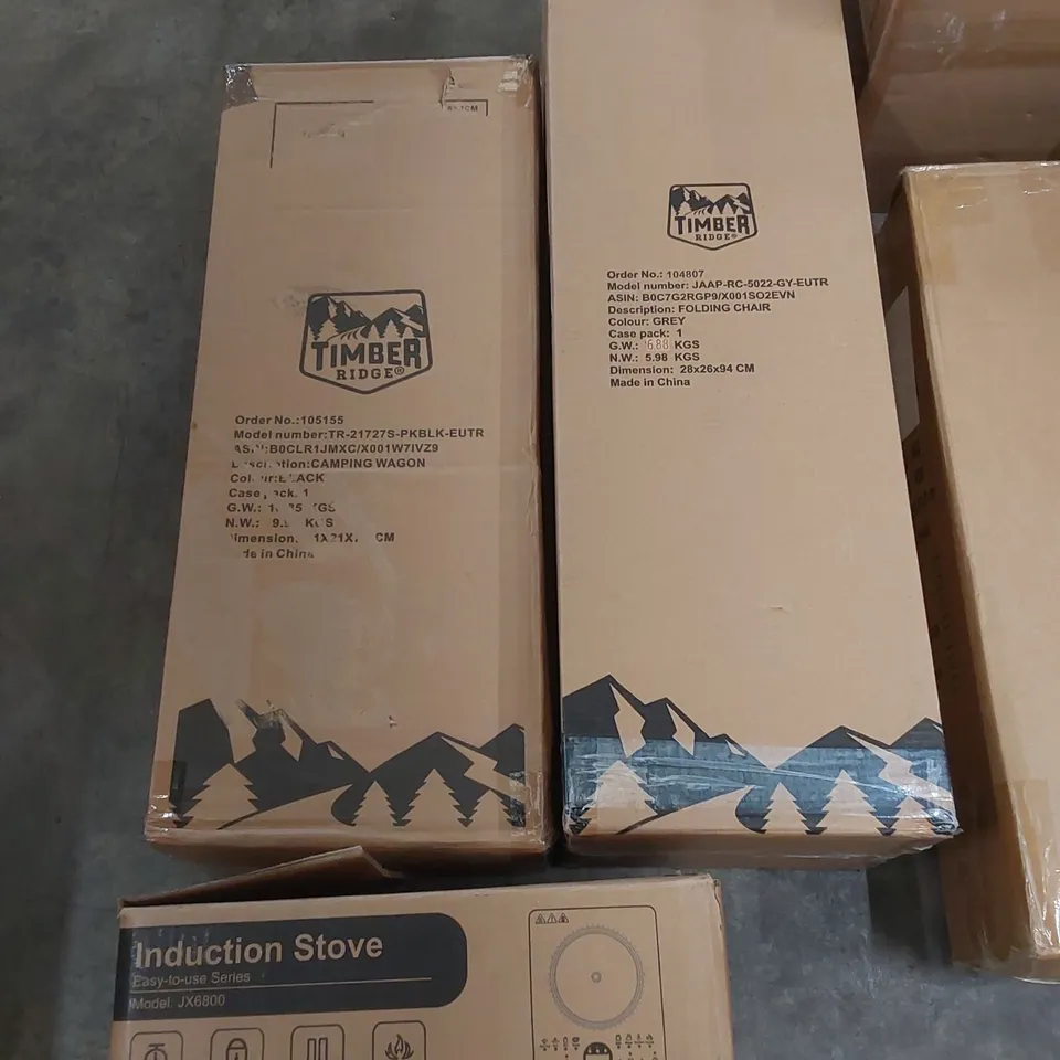 PALLET OF ASSORTED HOUSEHOLD ITEMS AND CONSUMER PRODUCTS TO INCLUDE; TIMBER RIDGE CAMPING WAGON & FOLDING CHAIR, INDUCTION STOVE, BAR STOOL, FOLDING WAGON, BOXED FURNITURE ETC 