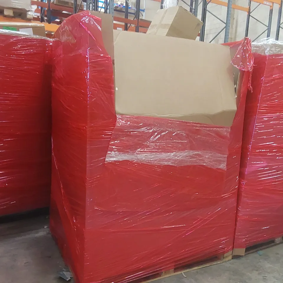 PALLET CONTAINING A LARGE QUANTITY OF ASSORTED ITEMS INCLUDING: MECHANICS TOOL SET, PAPER SHREDDER, CAR SEAT COVER, GARDEN CART, NESTING COFFEE TABLE ECT