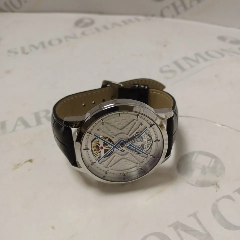 MENS VONLANTHEN AUTOMATIC WATCH – SILVER AND BLUE TEXTURED DIAL - GLASS EXHIBITION BACKCASE – BLACK LEATHER STRAP