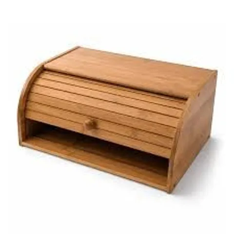 BOXED SINGLE LAYER ROLL TOP BAMBOO WOODEN BREAD BIN KITCHEN STORAGE