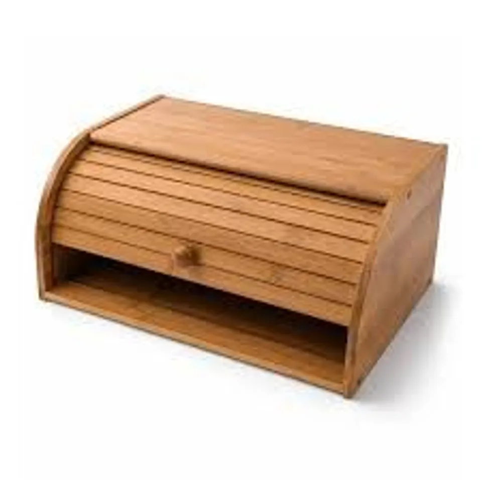 BOXED OYPLA SINGLE LAYER ROLL TOP BAMBOO WOODEN BREAD BIN KITCHEN STORAGE