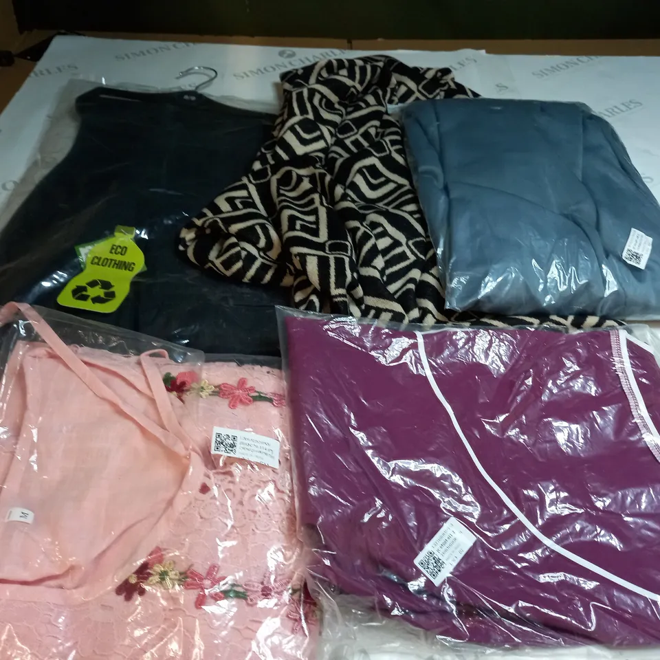  BOX OF ASSORTED CLOTHING ITEMS TOO INCLUDE DRESSES , SHIRTS AND TROUSERS IN VARIOUS SIZES AND COLOURS   