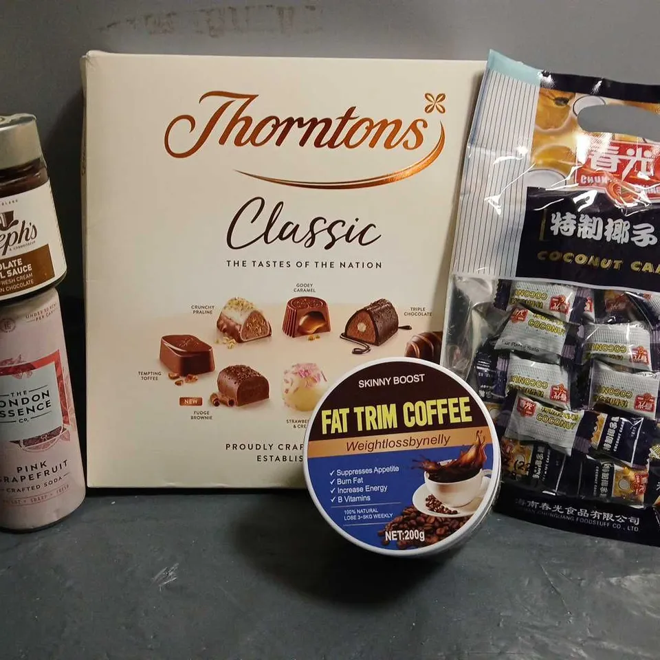 TOTE OF APPROX 5 ASSORTED FOOD ITEMS TO INCLUDE - THRONTONS CLASSIC CHOCOLATE , FAT TRIM COFFEE , COCONUT CANDY ETC