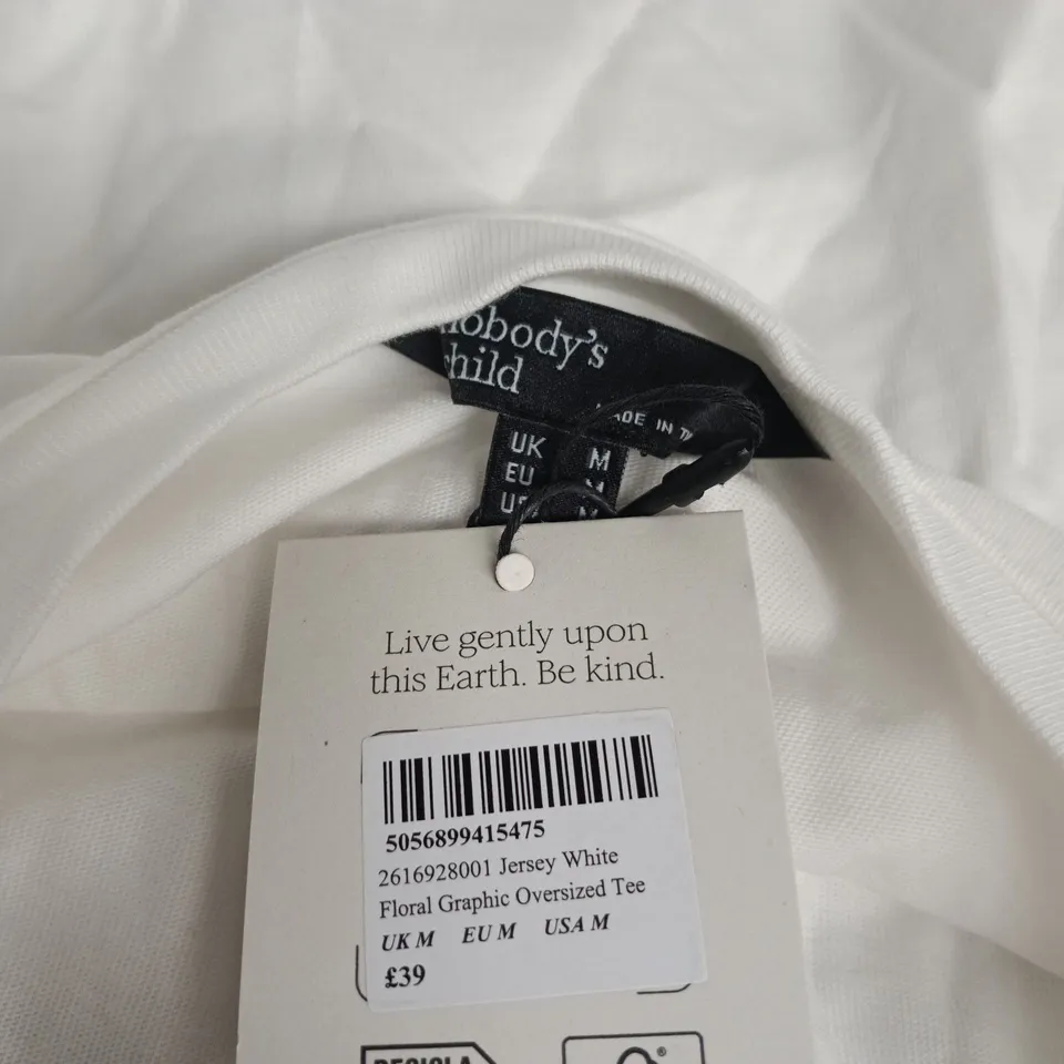 NOBODY'S CHILD JERSEY WHITE FLORAL GRAPHIC OVERSIZED TEE – UK M