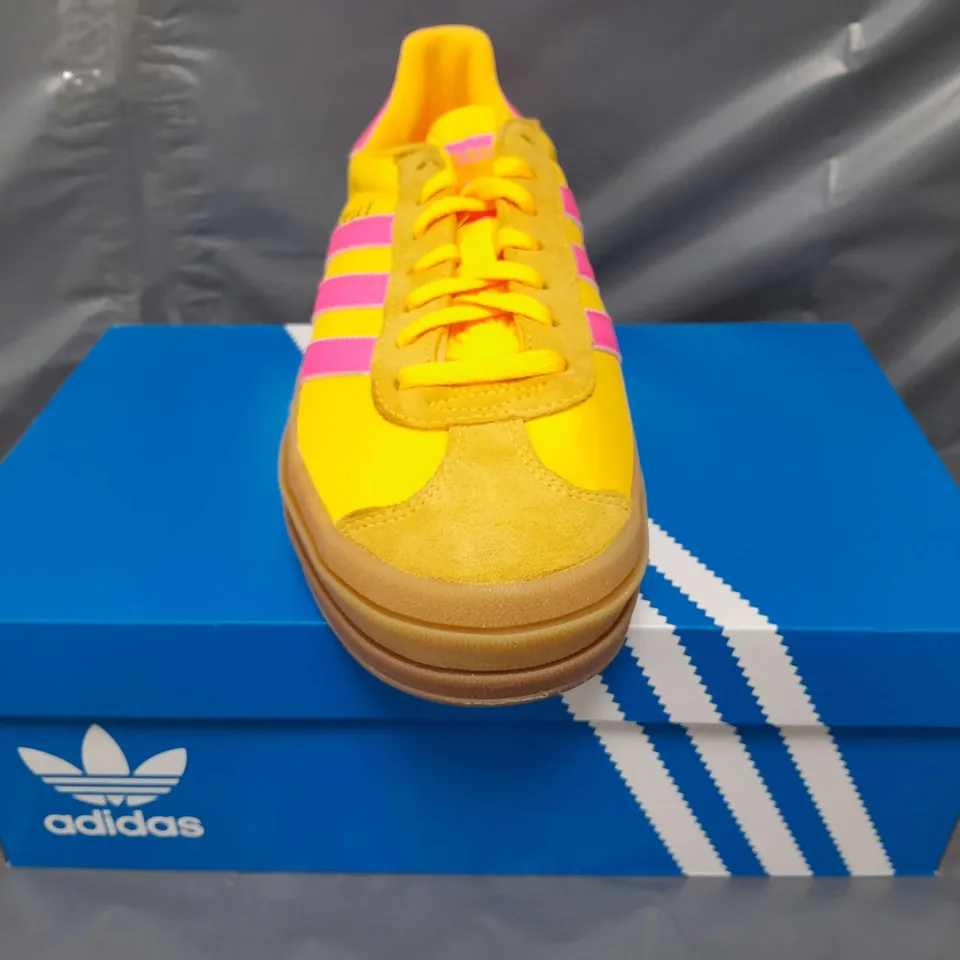 BOXED PAIR OF ADIDAS GAZELLE BOLD IN YELLOW/PINK UK SIZE 6.5