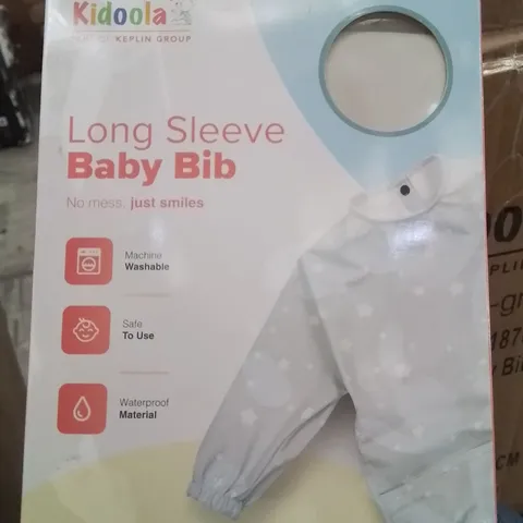 BOX CONTAINING LARGE AMOUNT OF BOXED BABY LONG SLEEVE BIBS