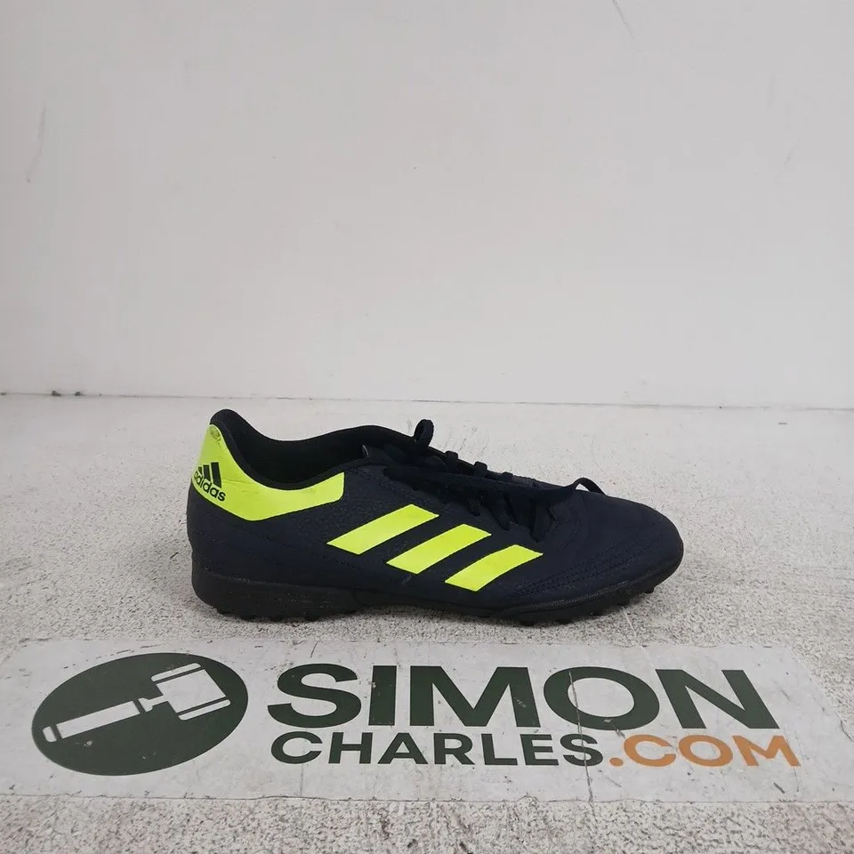 ADIDAS FOOTBALL BOOTS NAVY WITH NEON YELLOW STRIPES, UK 8 (US 8.5)