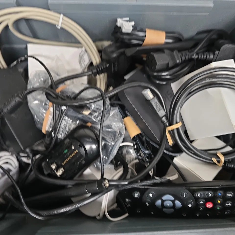 APPROXIMATELY 12 ASSORTED HOUSEHOLD ITEMS TO INCLUDE ROUTERS, REMOTES, CABLES, ETC 