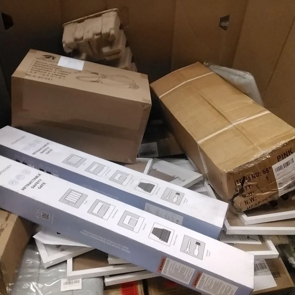 PALLET OF ASSORTED HOUSEHOLD GOODS AND PRODUCTS TO INCLUDE; SAFETY GATES, TRAMPOLINE, PICTURE FRAMES, BOXED FURNITURE ETC