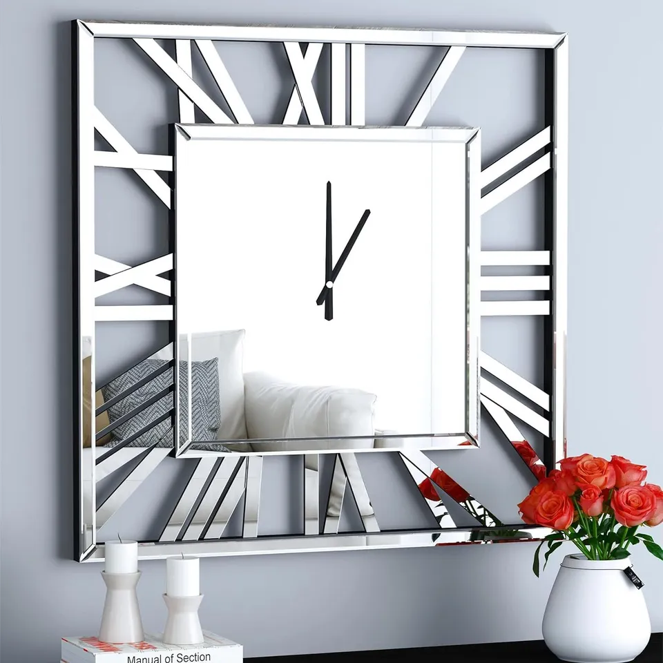 BOXED SHYFOY 32'' MODERN MIRRORED WALL CLOCK FOR LIVING ROOM DECOR ROMAN NUMERALS, MIRROR FINISHING