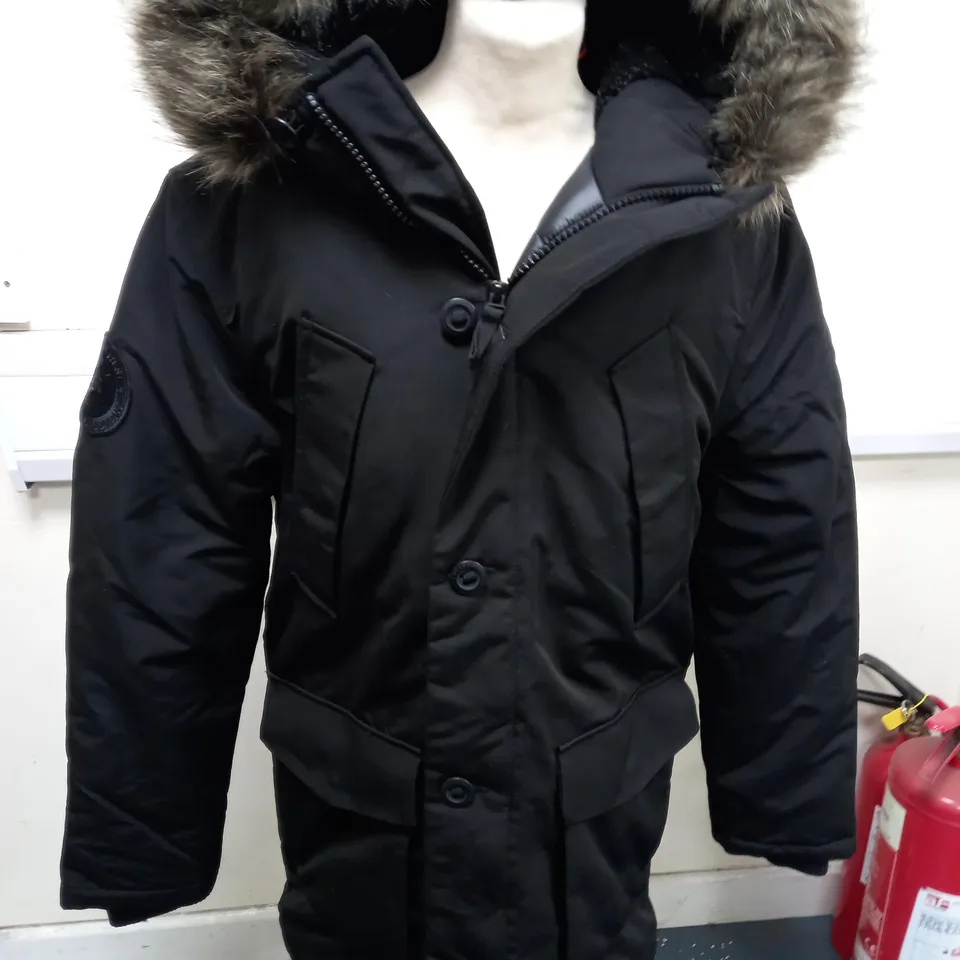 SUPER DRY BLACK LONG WINTER COAT SIZE S 