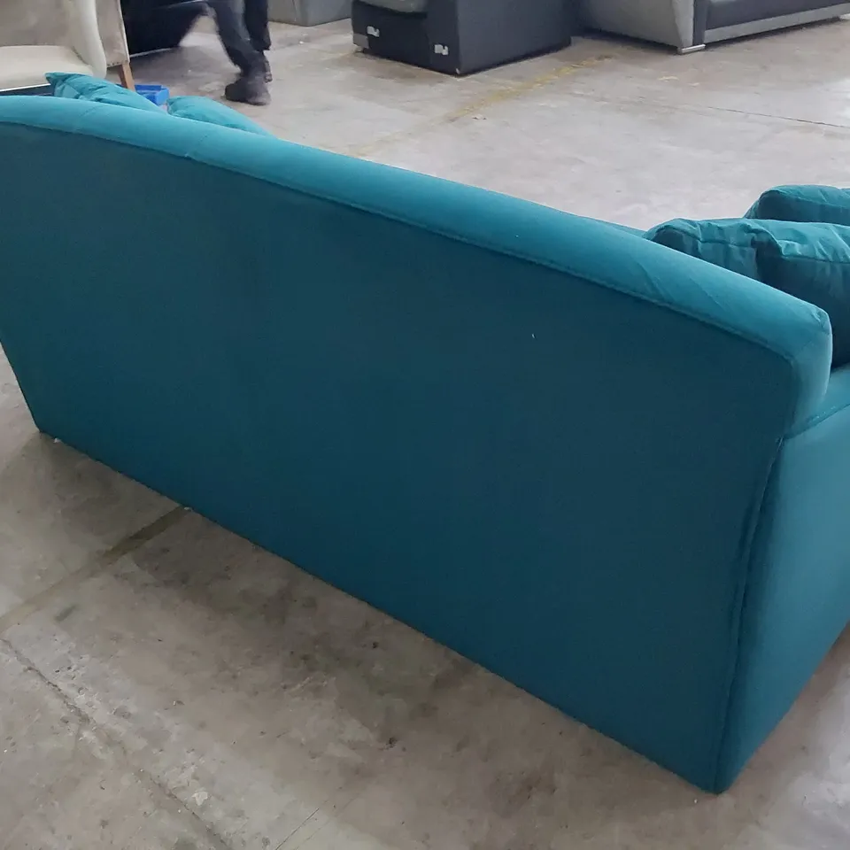 DESIGNER TWO SEATER SOFA TURQUOISE PLUSH FABRIC WITH SCATTER CUSHIONS
