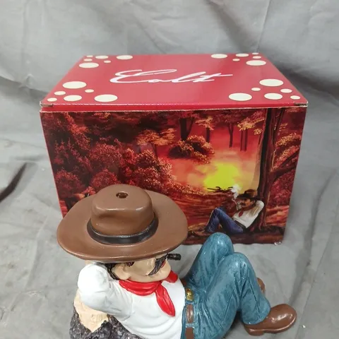 COLT DECORATIVE COWBOY FIGURINE WITH BROWN HAT, RED BANDANA – CERAMIC FIGURE