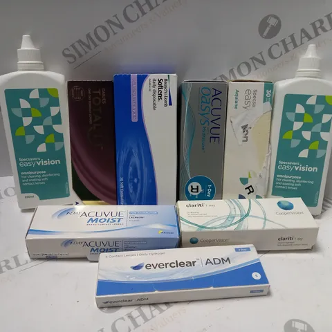 BOX OF APPROX 25 ASSORTED CONTACT LENSES AND CONTACT LENSE SOLUTIONS