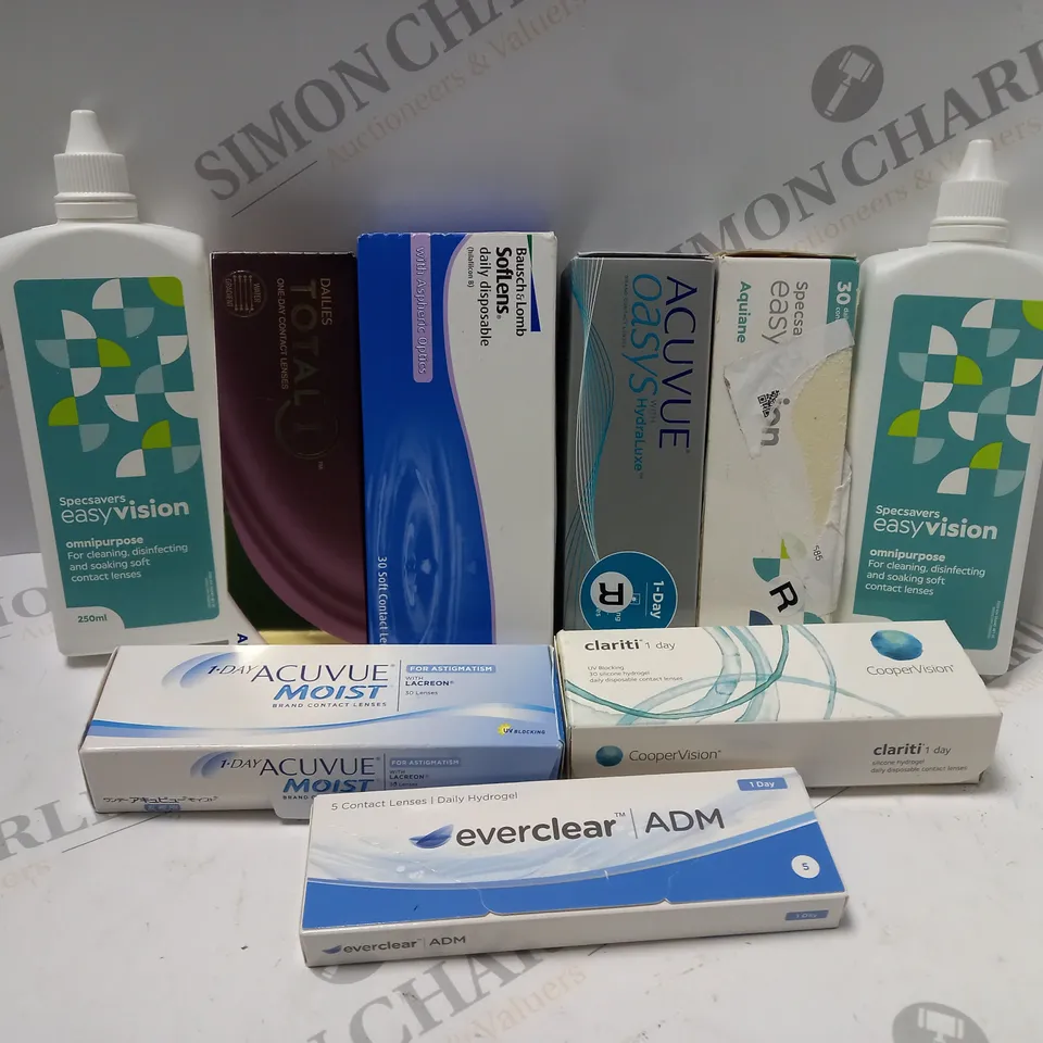 BOX OF APPROX 25 ASSORTED CONTACT LENSES AND CONTACT LENSE SOLUTIONS