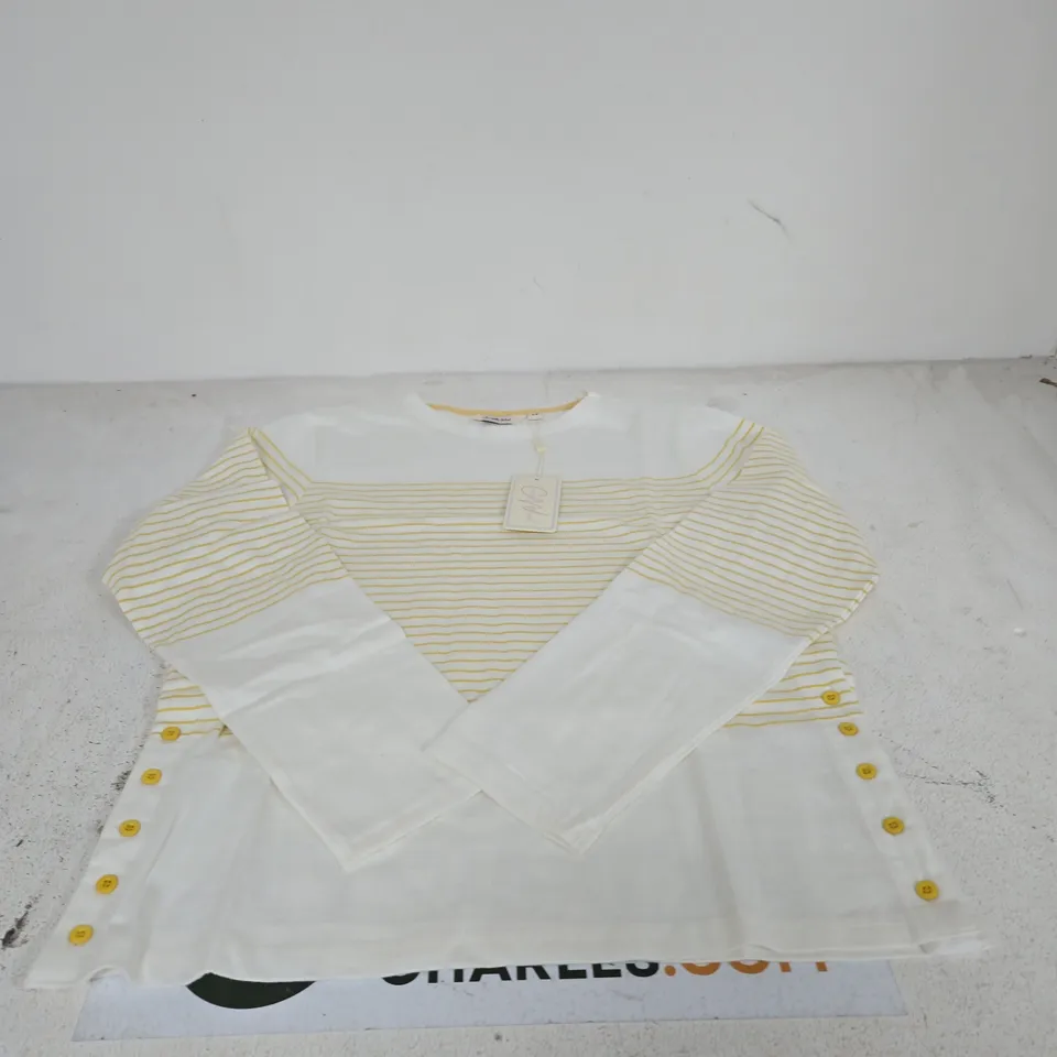 CHARLOTTE WEST WOMEN'S TOP – WHITE WITH PALE YELLOW STRIPES, UK 14