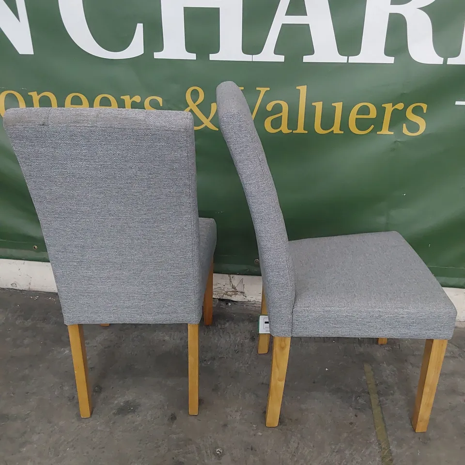 PAIR OF UPHOLSTERED BUTTONED BACK DINING CHAIRS GREY FABRIC ON NATURAL WOOD LEGS 