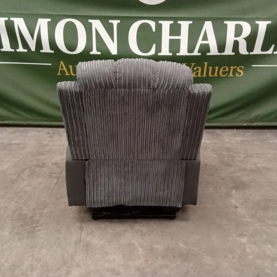 DESIGNER GREY CORDUROY FABRIC & FAUX LEATHER POWER RECLINER CHAIR WITH CUP HOLDERS