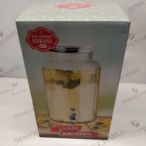 BRAND NEW BOXED THE VINTAGE COMPANY 5.5 LITRE GLASS DRINKS DISPENSER