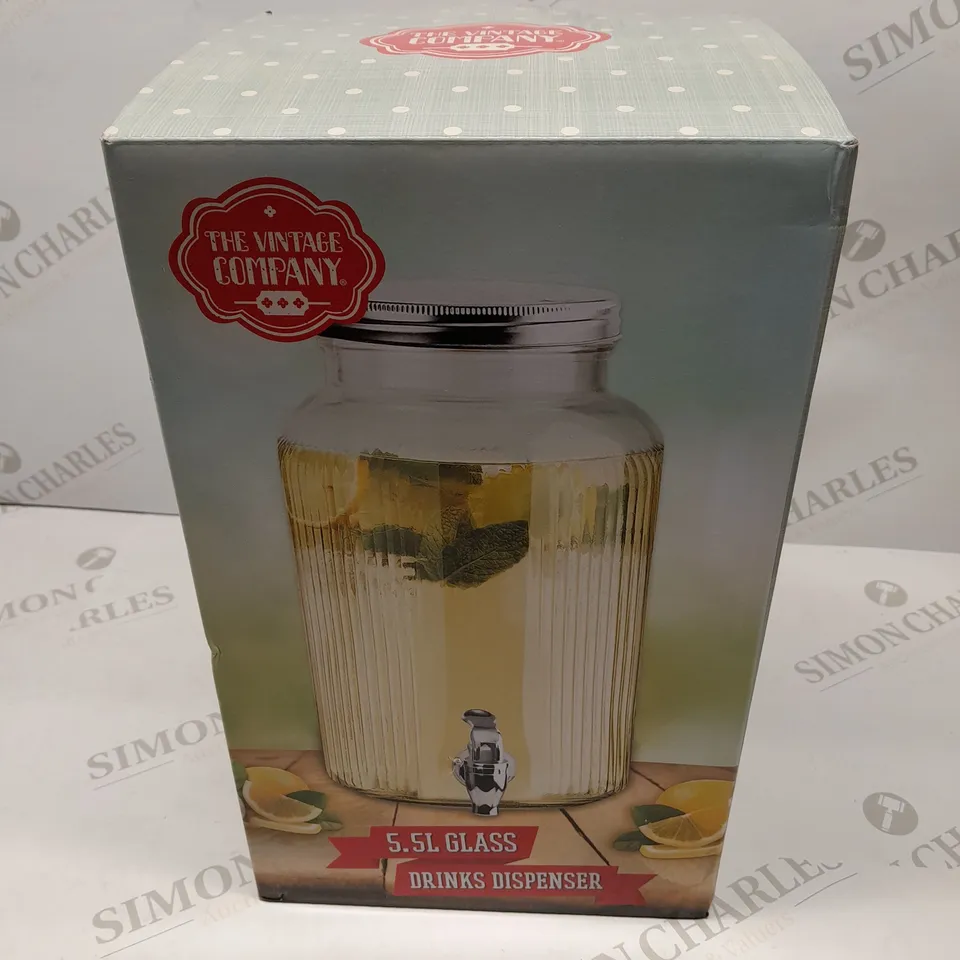 BRAND NEW BOXED THE VINTAGE COMPANY 5.5 LITRE GLASS DRINKS DISPENSER