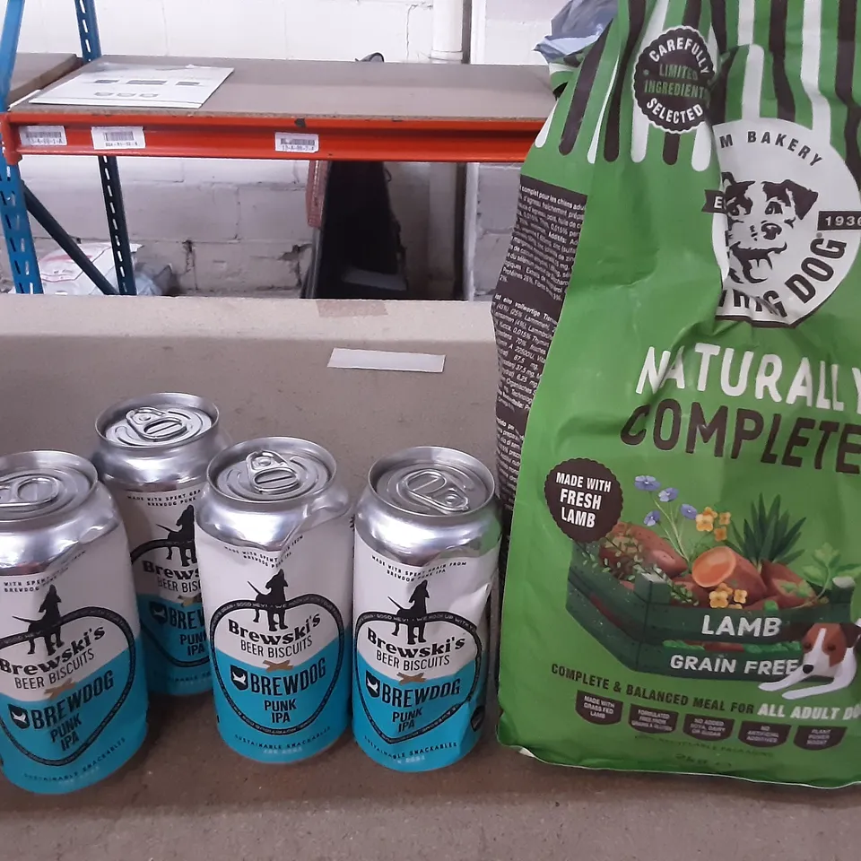 2 TOTE OF PET SUPPLIES INCLUDING  CESAR CLASSIC TERRINE, LAUGHING DOG LAMB DOG FOOD, 11 BREWDOG BREWSKI BEER BISCUITS 
