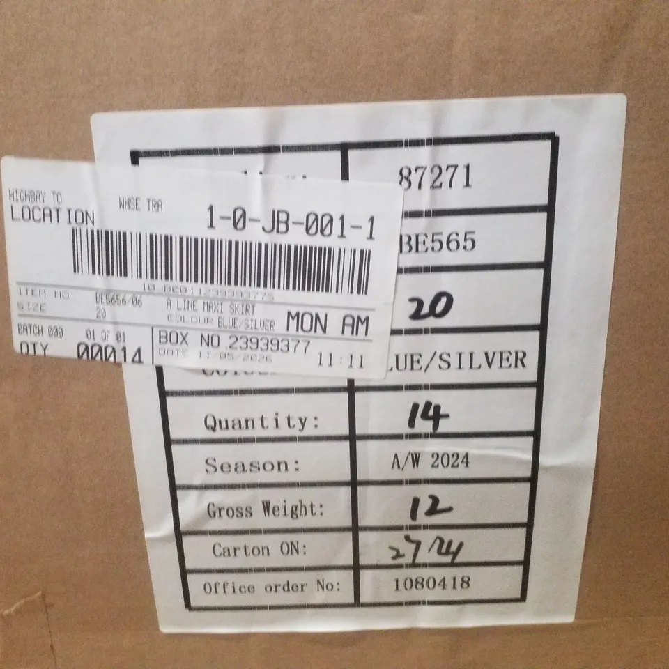 BOX CONTAINING APPROXIMATELY 14 BRAND NEW SIMPLY BE BLUE METALLIC A LINE MAXI SKIRTS - SIZE 20