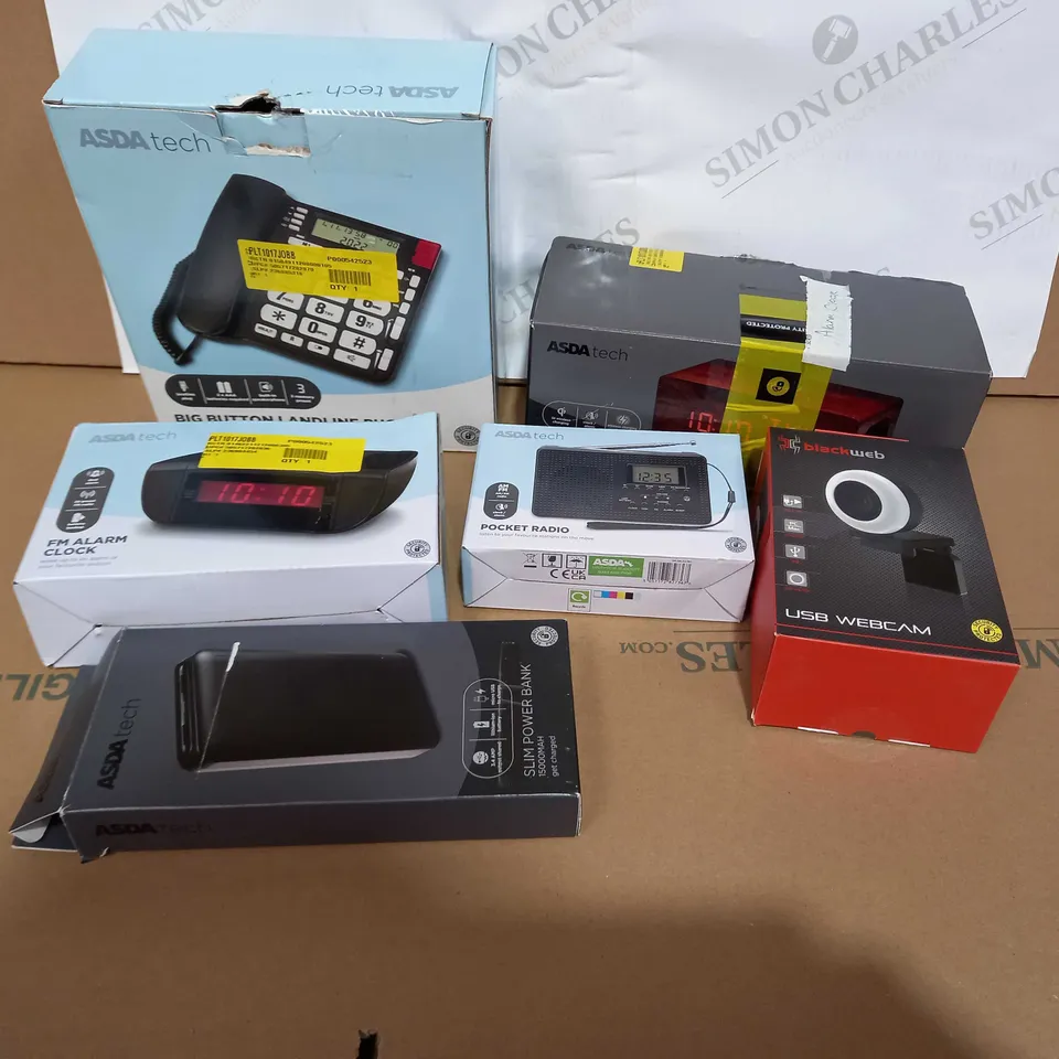 BOX OF APPROXIMATELY 25 ASSORTED ITEMS TO INCLUDE A BIG BUTTON LANDLINE PHONE, A FM ALARM CLOCK, A POWERBANK AND A USB WEBCAM