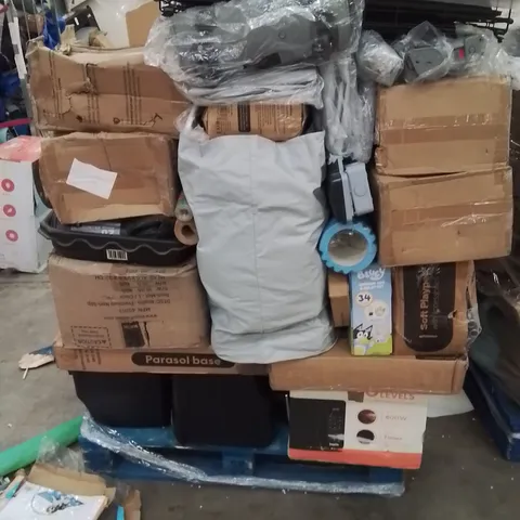PALLET CONTAINING VARIOUS ELECTRICAL ITEMS AND HOUSEHOLD PRODUCTS TO INCLUDE ; AIR FRYER,DOSE CAGE,PARASOL BASE
