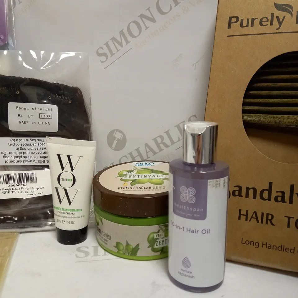 LOT OF APPROX 9 TO INCLUDE SANDALWOOD HAIR TOOL , HAIR EXTENSIONS , CARRIER OIL , ETC